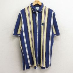 L★古着 IZOD 半袖 ポロ シャツ メンズ 90年代 90s ワンポイントロゴ コットン 鹿の子 紺他 ネイビー ストライプ 24mar22 中古 トップス