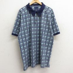 【50%OFF】XL★古着 半袖 ポロ シャツ メンズ 00年代 00s 総柄 大きいサイズ ロング丈 コットン 薄紺他 ネイビー 【spe】 24apr05 中古 トップス