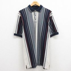 XL★古着 半袖 ポロ シャツ メンズ 90年代 90s ワンポイントロゴ 鹿の子 紺他 ネイビー ストライプ 24may17 中古 トップス