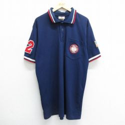 XL★古着 半袖 ポロ シャツ メンズ 90年代 90s ベースボール 星条旗 胸ポケット付き ロング丈 大きいサイズ USA製 紺他 ネイビー 24may25 中古 トップス