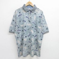 XL★古着 ビューグルボーイ 半袖 ポロ シャツ メンズ 00年代 00s 魚 総柄 鹿の子 大きいサイズ 緑系 グリーン 24jun24 中古 トップス
