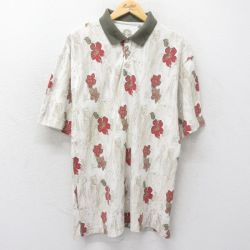 アリゾナジーンズ 半袖ポロシャツ ハイビスカス龍総柄 生成り XL | 古着