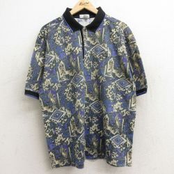 XL★古着 半袖 ポロ シャツ メンズ 90年代 90s 総柄 CHICORA 鹿の子 大きいサイズ コットン USA製 濃緑系他 グリーン 24aug06 中古 トップス