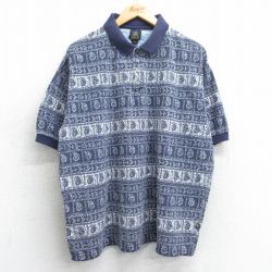 XL★古着 半袖 ポロ シャツ メンズ 00年代 00s 総柄 大きいサイズ コットン 鹿の子 紺他 ネイビー 25mar31 中古 トップス