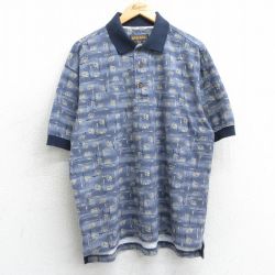 【50%OFF】XL★古着 ウールリッチ WOOLRICH 半袖 ポロ シャツ メンズ 総柄 コットン 鹿の子 薄紺他 ネイビー 25mar31 中古 トップス