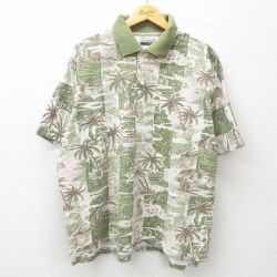 【50%OFF】XL★古着 半袖 ポロ シャツ メンズ 00年代 00s ヤシの木 魚 鹿の子 コットン 薄緑他 グリーン 25may20 中古 トップス