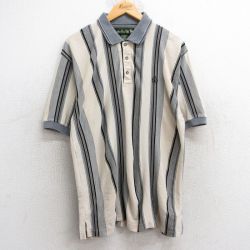 XL★古着 半袖 ポロ シャツ メンズ 90年代 90s ワンポイントロゴ 鹿の子 薄ベージュ他 カーキ ストライプ 25may28 中古 トップス
