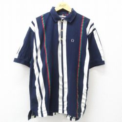 XL★古着 半袖 ポロ シャツ メンズ 00年代 00s コットン 紺他 ネイビー ストライプ 25jun05 中古 トップス