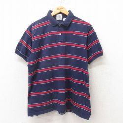 L★古着 半袖 ポロ シャツ メンズ 90年代 90s コットン USA製 紺 ネイビー ボーダー 25jun05 中古 トップス