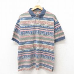 XL★古着 G.H.BASS 半袖 ポロ シャツ メンズ ペイズリー柄 鹿の子 大きいサイズ コットン 紺他 ネイビー ボーダー 25jun06 中古 トップス
