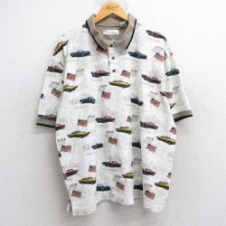 【50%OFF】XL★古着 半袖 ポロ シャツ メンズ 車 クラシックカー 星条旗 総柄 大きいサイズ コットン 白他 ホワイト 25jun20 中古 トップス