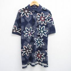 XL★古着 半袖 ポロ シャツ メンズ 00年代 00s 花 葉 鹿の子 コットン 紺他 ネイビー 25jul11 中古 トップス