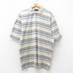 XL★古着 半袖 ポロ シャツ メンズ 大きいサイズ コットン イタリア製 ベージュ他 カーキ ボーダー 25jul14 中古 トップス