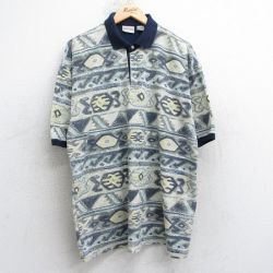 XL★古着 ビューグルボーイ 半袖 ポロ シャツ メンズ 90年代 90s 総柄 鹿の子 大きいサイズ 紺他 ネイビー 25jul31 中古 トップス