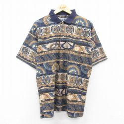 【50%OFF】XL★古着 ビューグルボーイ 半袖 ポロ シャツ メンズ 00年代 00s 総柄 紺他 ネイビー 25aug20 中古 トップス