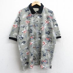 XL★古着 半袖 ポロ シャツ メンズ 車 ハイビスカス 総柄 大きいサイズ コットン 濃緑系 グリーン 【spe】 25aug22 中古 トップス