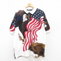 XL★古着 半袖 ポロ シャツ メンズ 鳥 星条旗 大きいサイズ コットン 白他 ホワイト 25aug23 中古 トップス