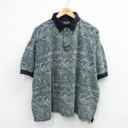 XL★古着 半袖 ポロ シャツ メンズ 00年代 00s 総柄 鹿の子 大きいサイズ コットン 濃緑他 グリーン 25sep02 中古 トップス