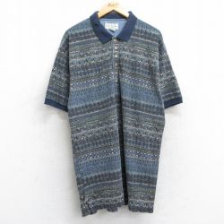 XL★古着 アリゾナジーンズ 半袖 ポロ シャツ メンズ 00年代 00s 総柄 鹿の子 ロング丈 コットン 紺他 ネイビー 【spe】 25sep06 中古 トップス