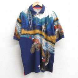 XL★古着 半袖 ポロ シャツ メンズ 90年代 90s 鳥 シカ 鹿の子 大きいサイズ コットン 紺他 ネイビー 【spe】 25sep11 中古 トップス