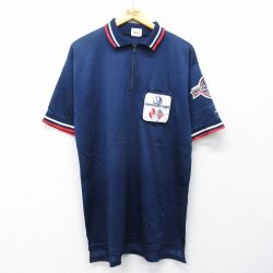 L★古着 半袖 ハーフジップ ポロ シャツ メンズ 90年代 90s 野球 USA製 紺 26apr17