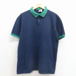 XL★古着 ヘイズ 半袖 ポロ シャツ メンズ 00年代 00s 無地 鹿の子 ツートンカラー コットン ネイビー 26may19