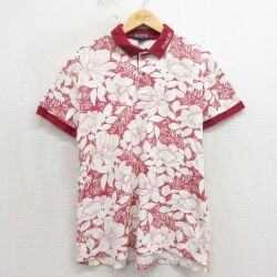 XL★古着 半袖 ポロ シャツ メンズ 90年代 90s 花 コットン USA製 バーガンディ 26may19