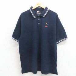 XL★古着 半袖 ポロ シャツ メンズ 90年代 90s ルーニーテューンズ ダフィーダック 鹿の子 大きいサイズ コットン ネイビー【spe】 26may23