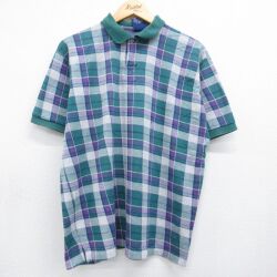 XL★古着 半袖 ポロ シャツ メンズ 90年代 90s 鹿の子 コットン USA製 グリーン チェック 26may23