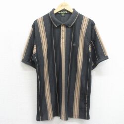 L★古着 半袖 ポロ シャツ メンズ 90年代 90s ワンポイントロゴ グレー ストライプ 26jun02