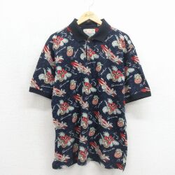 XL★古着 半袖 ポロ シャツ メンズ パイナップル サーフボード コットン USA製 ネイビー 26jun02