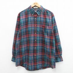 L★古着 長袖 シャツ メンズ ロング丈 コットン ボタンダウン 紺他 ネイビー チェック 24jan05 中古 トップス
