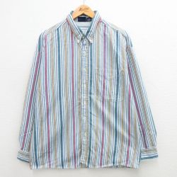 L★古着 長袖 シャツ メンズ 90年代 90s コットン ボタンダウン USA製 紺他 ネイビー ストライプ 24jan08 中古 トップス