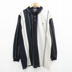 L★古着 長袖 ポロ シャツ メンズ 90年代 90s ロング丈 鹿の子 濃紺他 ネイビー ストライプ 24feb05 中古 トップス