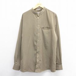 XL★古着 長袖 シャツ メンズ ロング丈 ノーカラー 茶 ブラウン 24feb08 中古 トップス