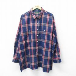 XL★古着 長袖 シャツ メンズ 90年代 90s 大きいサイズ ロング丈 紺他 ネイビー チェック 24sep03 中古 トップス