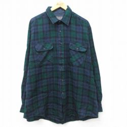 XL★古着 長袖 シャツ メンズ 90年代 90s 大きいサイズ ロング丈 緑他 グリーン タータン チェック ブラックウォッチ 24sep26 中古 トップス