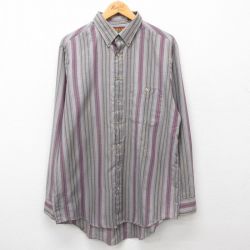 XL★古着 長袖 シャツ メンズ 00年代 00s ロング丈 ボタンダウン グレー他 ストライプ 24oct07 中古 トップス
