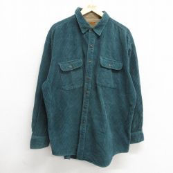 XL★古着 セントジョンズベイ 長袖 シャツ メンズ コーデュロイ 太畝 大きいサイズ ロング丈 コットン 緑系 グリーン 【spe】 24nov09 中古 トップス