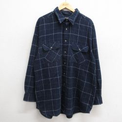 XL★古着 長袖 シャツ メンズ 90年代 90s 大きいサイズ ロング丈 紺他 ネイビー チェック 24nov09 中古 トップス