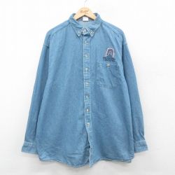 XL★古着 長袖 シャツ メンズ 90年代 90s フィラデルフィア 大きいサイズ ロング丈 ボタンダウン 紺 ネイビー デニム 24nov14 中古 トップス