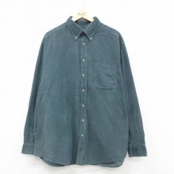 XL★古着 長袖 シャツ メンズ 00年代 00s コーデュロイ 大きいサイズ ロング丈 コットン ボタンダウン 濃緑系 グリーン 24nov15 中古 トップス