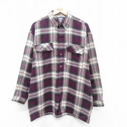 XL★古着 長袖 シャツ メンズ ロング丈 コットン ボタンダウン 茶他 ブラウン チェック 24nov15 中古 トップス