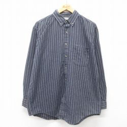 【50%OFF】XL★古着 長袖 シャツ メンズ 00年代 00s コットン ボタンダウン 紺他　ストライプ ネイビー 24nov25 中古 トップス