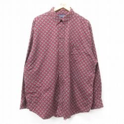 XL★古着 長袖 シャツ メンズ 総柄 大きいサイズ ロング丈 コットン ボタンダウン エンジ他 24dec02 中古 トップス