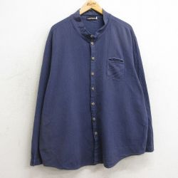 【20%OFF】XL★古着 長袖 シャツ メンズ 90年代 90s 大きいサイズ コットン ノーカラー 紺 ネイビー 24dec09 中古 トップス