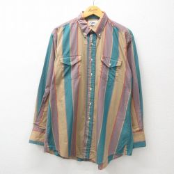 XL★古着 長袖 シャツ メンズ 90年代 90s ボタンダウン USA製 薄茶他 ブラウン ストライプ 24dec09 中古 トップス