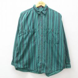 XL★古着 長袖 シャツ メンズ 90年代 90s コットン 緑他 グリーン ストライプ 24dec09 中古 トップス