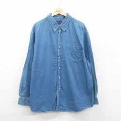 XL★古着 ベーシックエディションズ 長袖 シャツ メンズ 00年代 00s 大きいサイズ ロング丈 コットン ボタンダウン 紺 ネイビー デニム 24dec10 中古 トップス