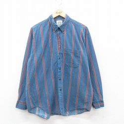 XL★古着 長袖 シャツ メンズ 90年代 90s コットン ボタンダウン USA製 紺 ネイビー ストライプ 24dec10 中古 トップス